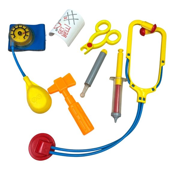 Vintage 1980s Fisher Price Doctor Kit Set 7 Pc Stethoscope Cast Pressure Pretend - Picture 1 of 8